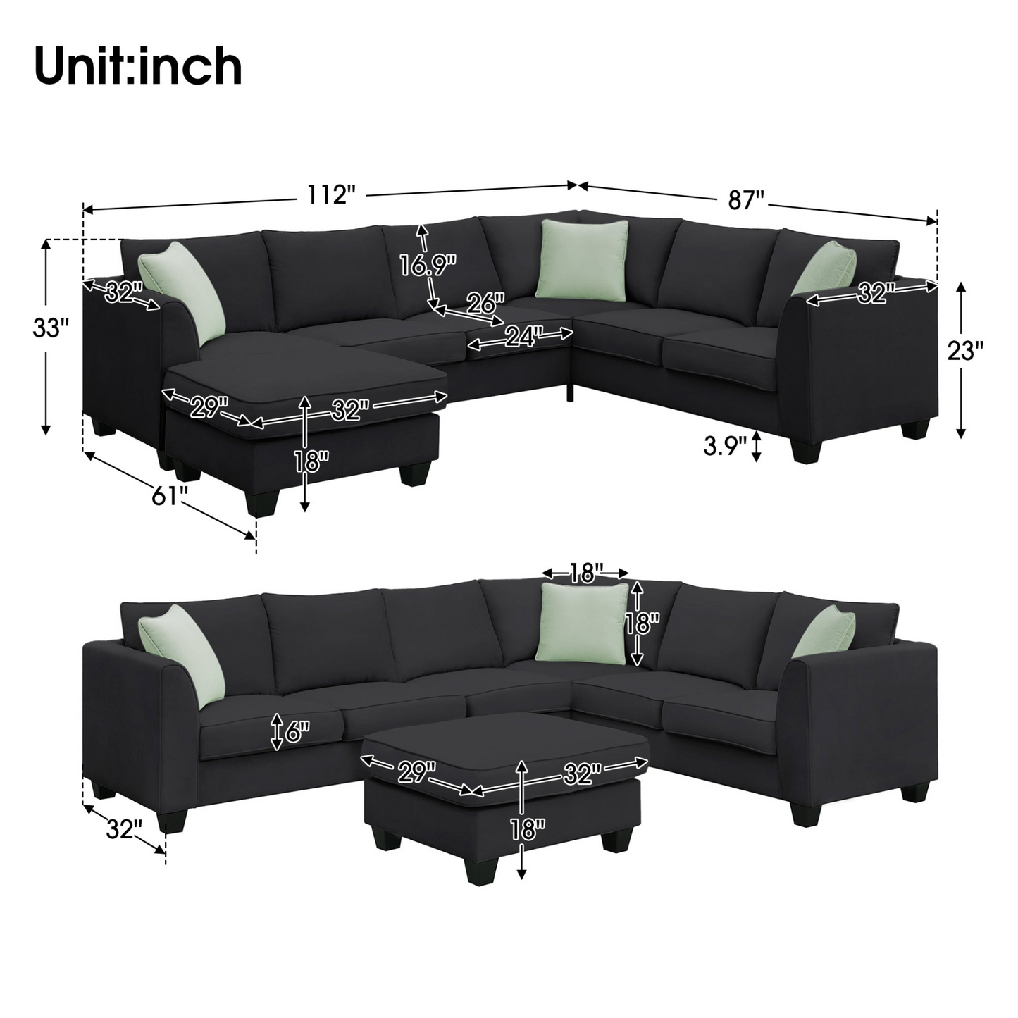 112*87" Sectional Sofa Couches Living Room Sets, 7 Seats Modular Sectional Sofa with Ottoman, L Shape Fabric Sofa Corner Couch Set with 3 Pillows, Black