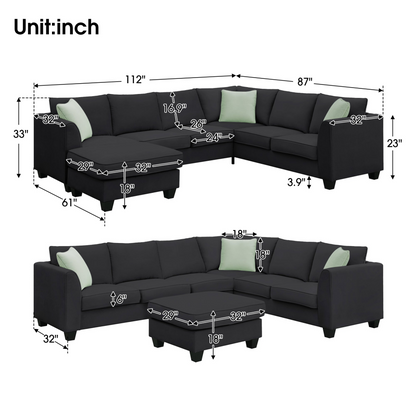 112*87" Sectional Sofa Couches Living Room Sets, 7 Seats Modular Sectional Sofa with Ottoman, L Shape Fabric Sofa Corner Couch Set with 3 Pillows, Black