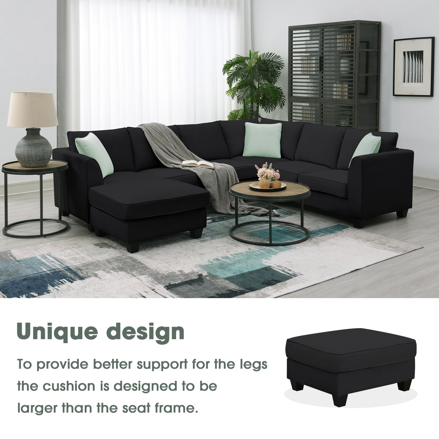 112*87" Sectional Sofa Couches Living Room Sets, 7 Seats Modular Sectional Sofa with Ottoman, L Shape Fabric Sofa Corner Couch Set with 3 Pillows, Black