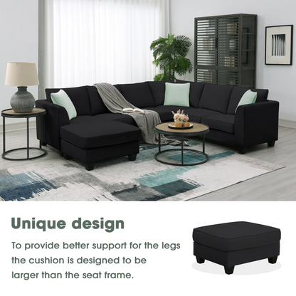 112*87" Sectional Sofa Couches Living Room Sets, 7 Seats Modular Sectional Sofa with Ottoman, L Shape Fabric Sofa Corner Couch Set with 3 Pillows, Black