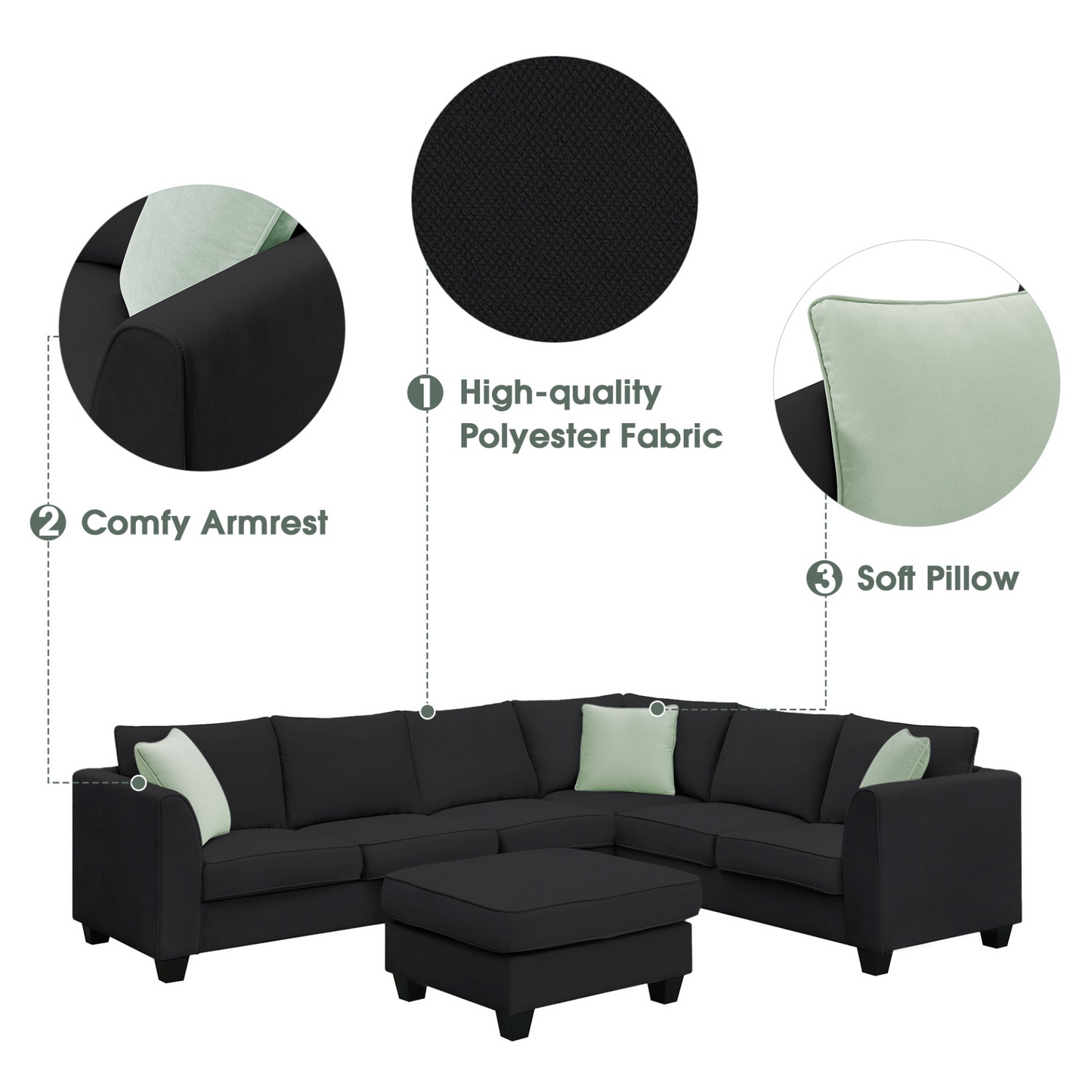 112*87" Sectional Sofa Couches Living Room Sets, 7 Seats Modular Sectional Sofa with Ottoman, L Shape Fabric Sofa Corner Couch Set with 3 Pillows, Black