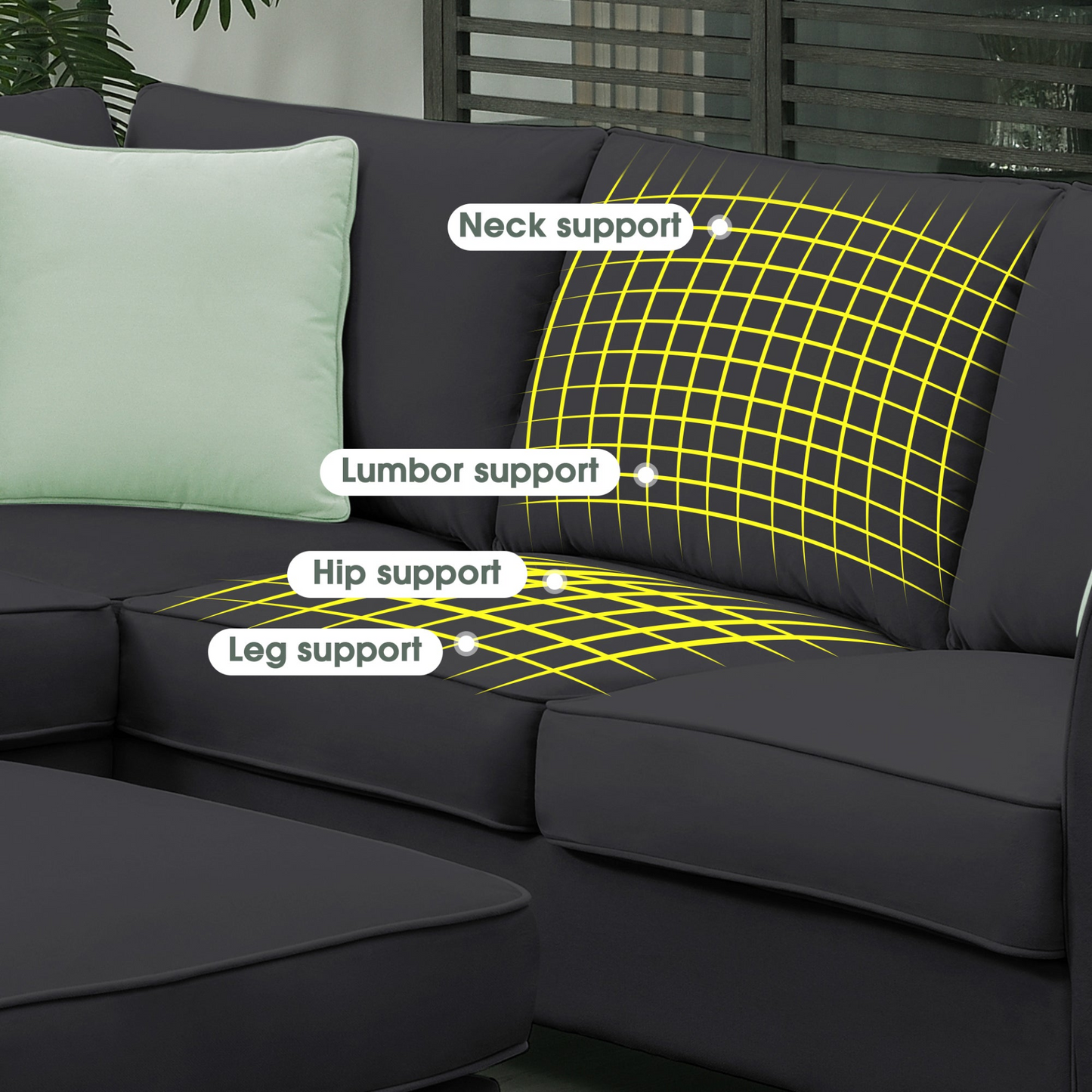 112*87" Sectional Sofa Couches Living Room Sets, 7 Seats Modular Sectional Sofa with Ottoman, L Shape Fabric Sofa Corner Couch Set with 3 Pillows, Black