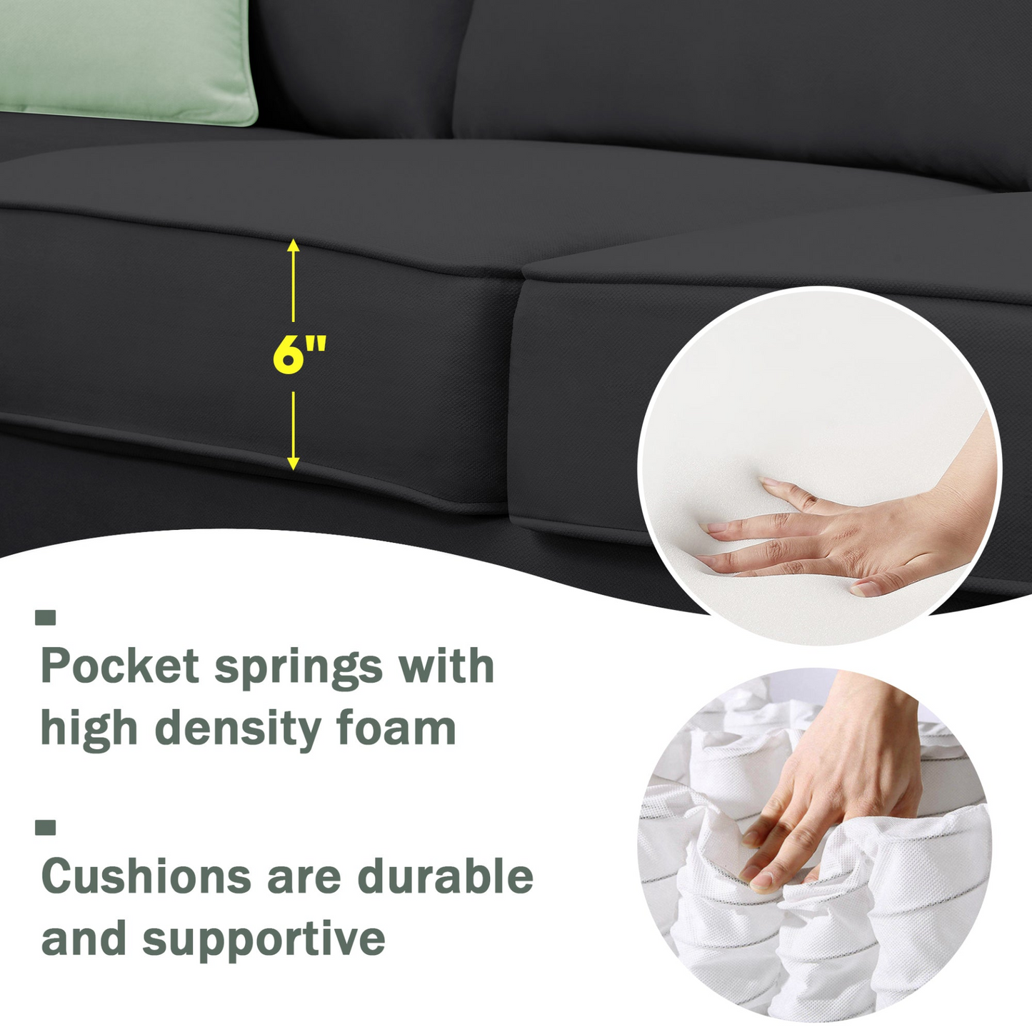 112*87" Sectional Sofa Couches Living Room Sets, 7 Seats Modular Sectional Sofa with Ottoman, L Shape Fabric Sofa Corner Couch Set with 3 Pillows, Black