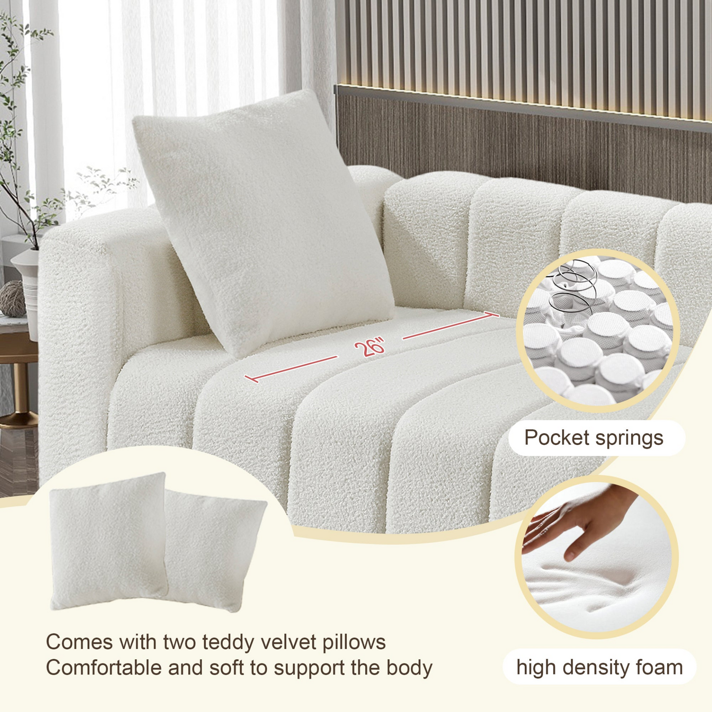 82*30" Modern Teddy Velvet Sofa,2-3 Seat Mid Century Indoor Couch, Exquisite Upholstered Loveseat with Striped Decoration for Living Room,Bedroom,Apartment,2 Colors(2 Pillows)