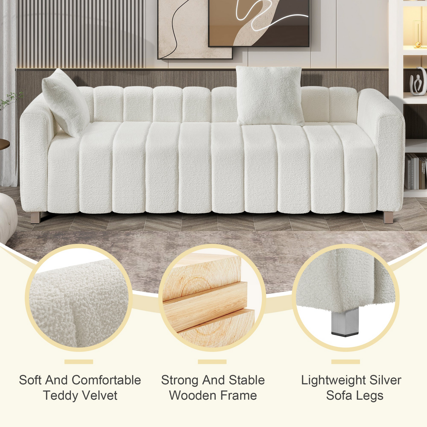 82*30" Modern Teddy Velvet Sofa,2-3 Seat Mid Century Indoor Couch, Exquisite Upholstered Loveseat with Striped Decoration for Living Room,Bedroom,Apartment,2 Colors(2 Pillows)