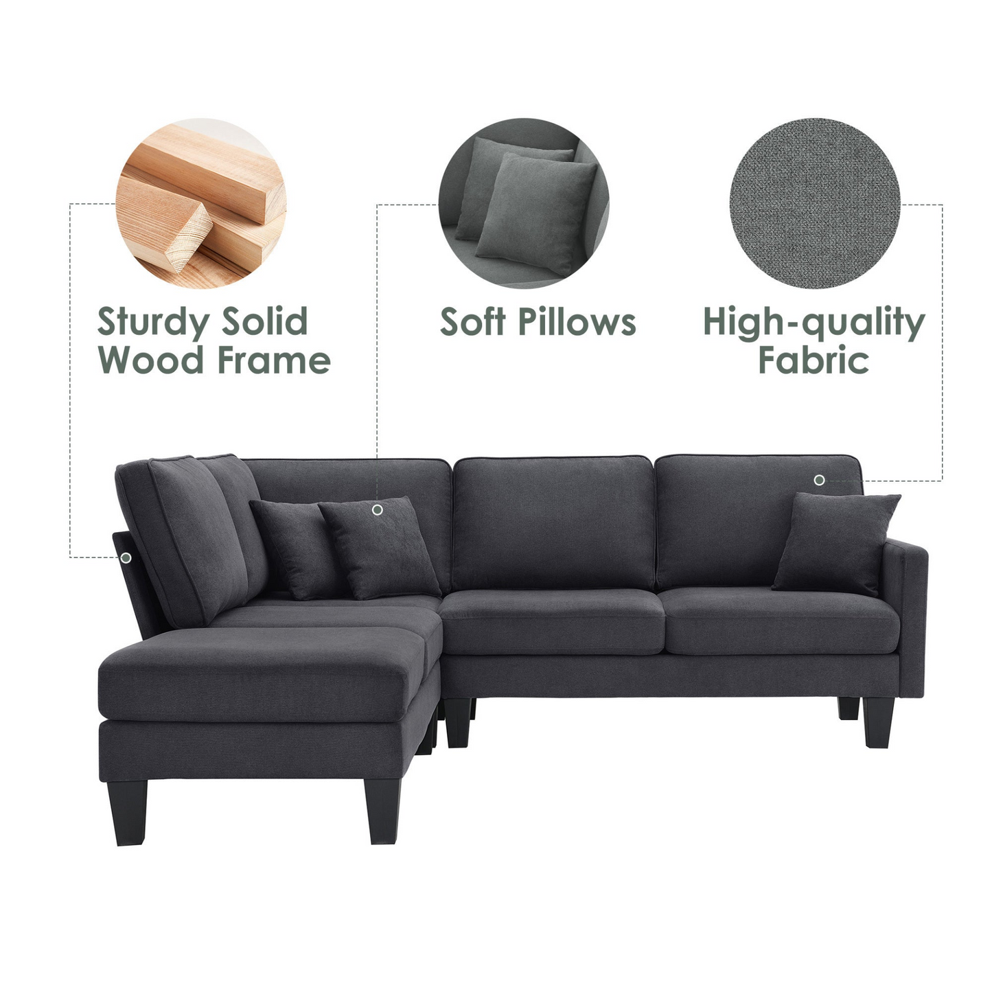 90*88" Terrycloth Modern Sectional Sofa,5-Seat Practical Couch Set with Chaise Lounge,L-Shape minimalist Indoor Furniture with 3 Pillows for Living Room,Apartment,Office, 3 Colors