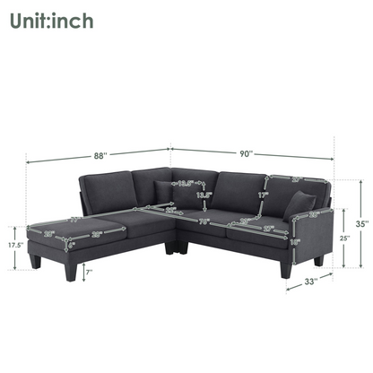 90*88" Terrycloth Modern Sectional Sofa,5-Seat Practical Couch Set with Chaise Lounge,L-Shape minimalist Indoor Furniture with 3 Pillows for Living Room,Apartment,Office, 3 Colors