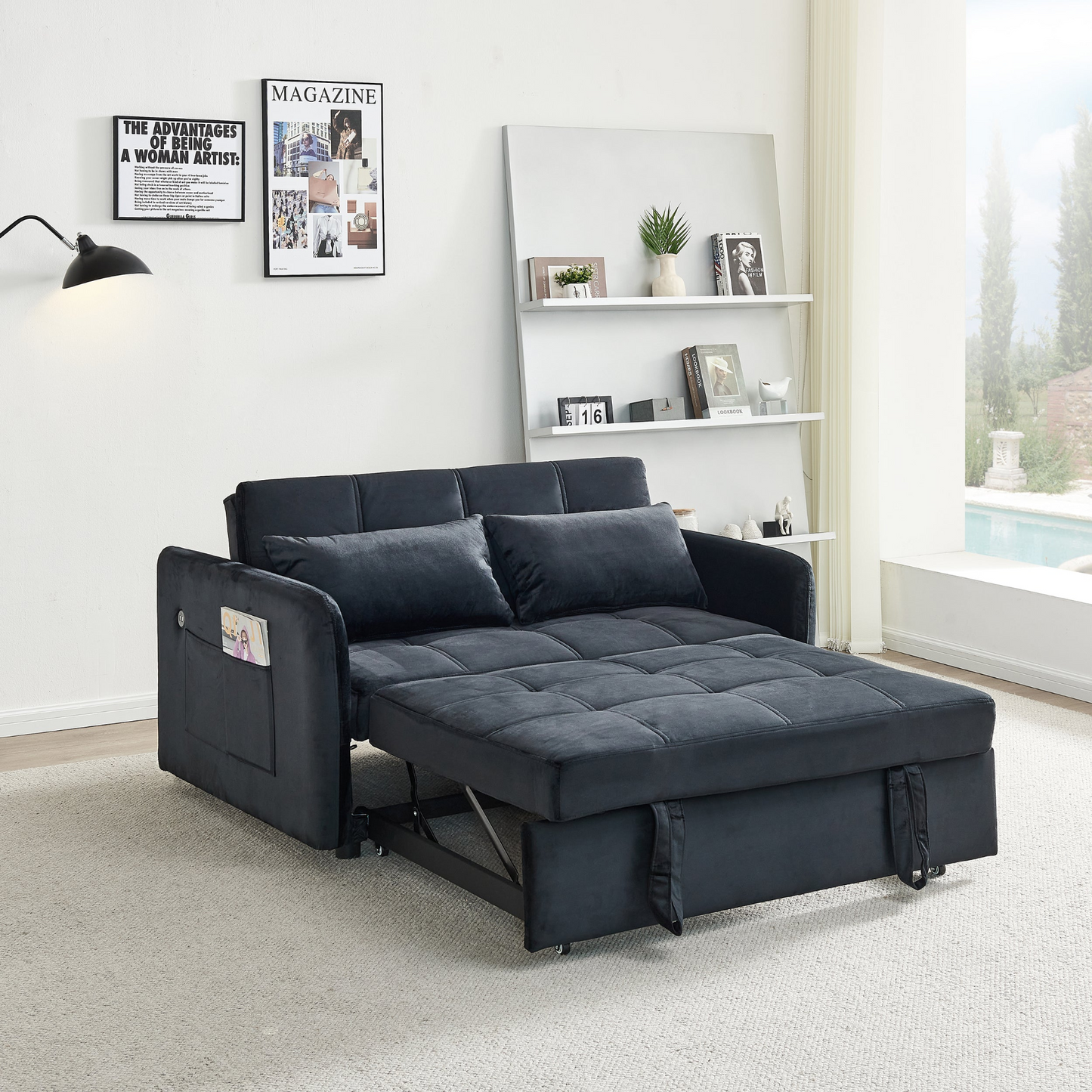 55.5" Twins Pull Out Sofa Bed  Black Velvet