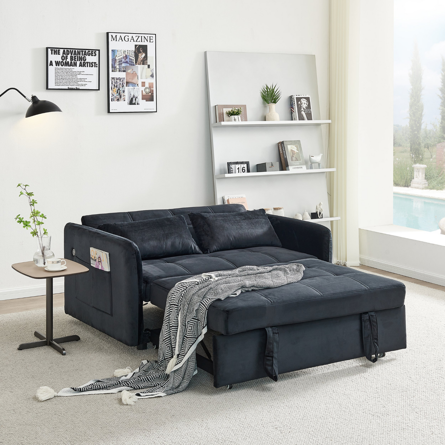 55.5" Twins Pull Out Sofa Bed  Black Velvet