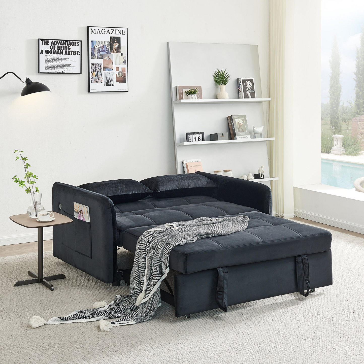 55.5" Twins Pull Out Sofa Bed  Black Velvet