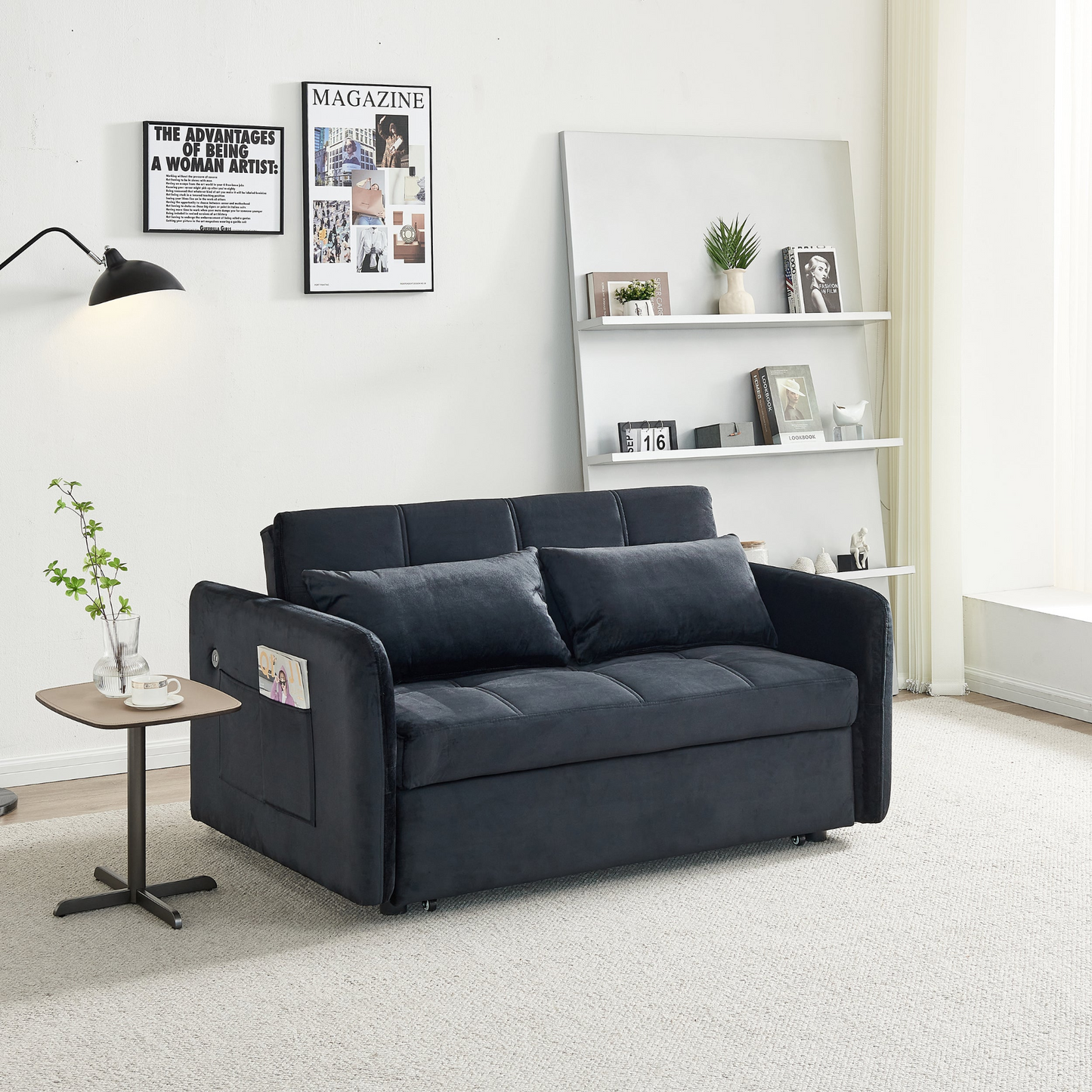 55.5" Twins Pull Out Sofa Bed  Black Velvet