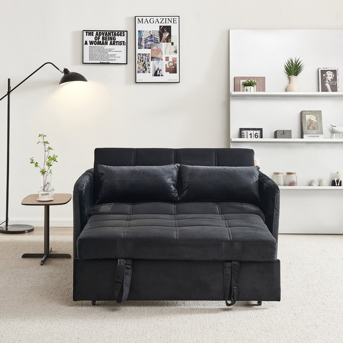 55.5" Twins Pull Out Sofa Bed  Black Velvet