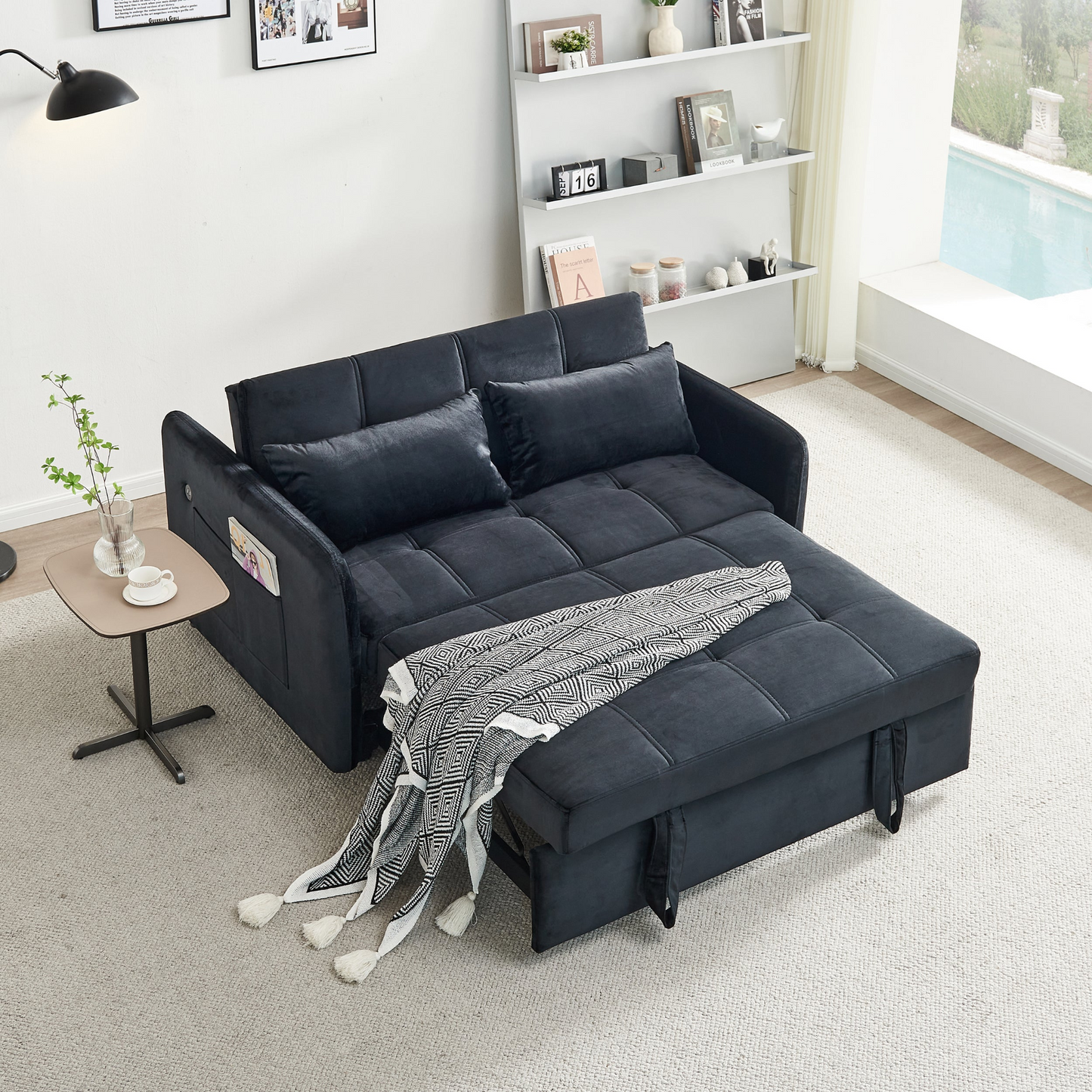 55.5" Twins Pull Out Sofa Bed  Black Velvet