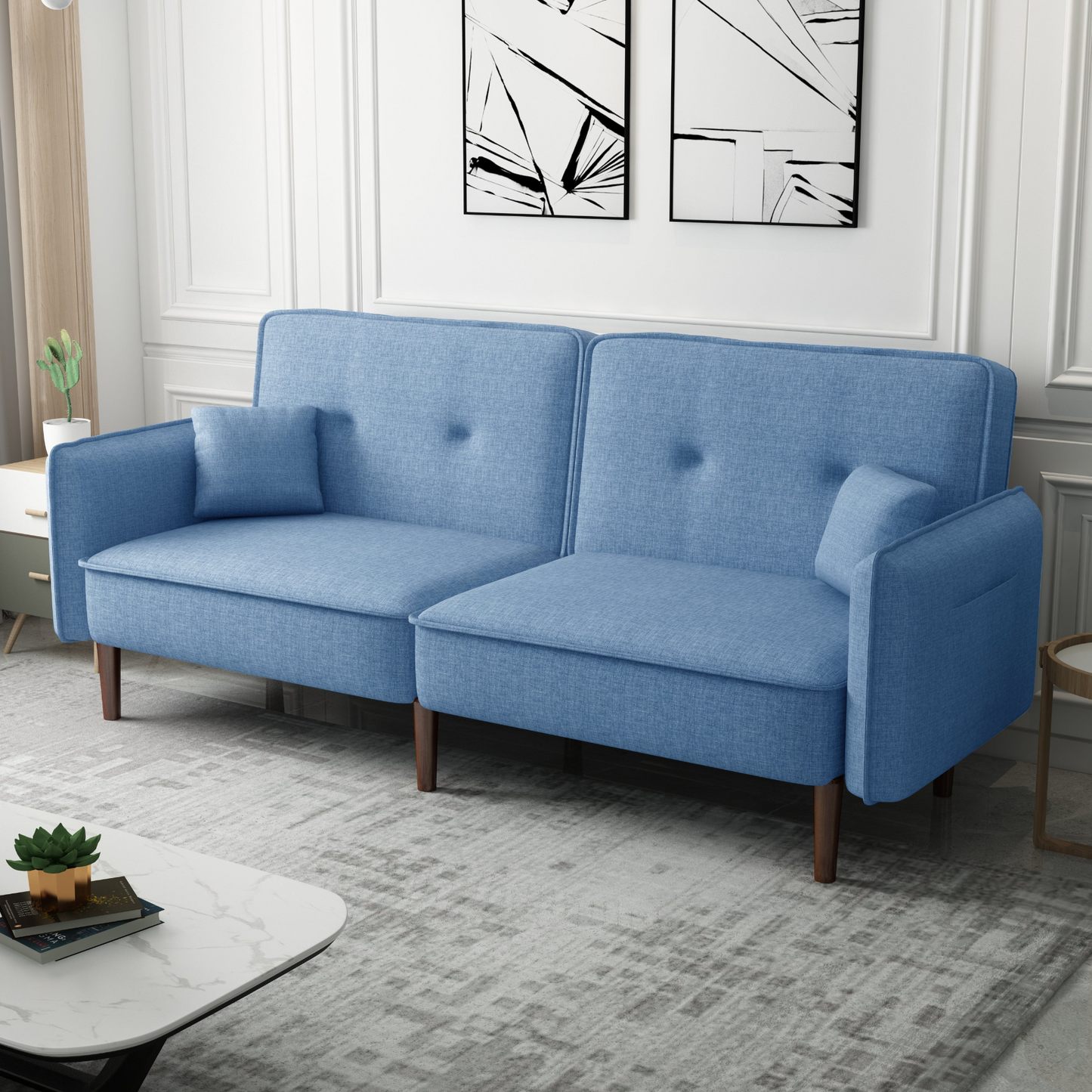 Living Room Bed Room Leisure Futon Sofa bed in Blue Fabric with Solid Wood Leg