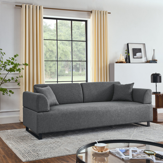 Linen Fabric 3 Seat Sofa with Two End Tables and Two Pillows, Removable Back and Armrest, Morden Style Upholstered 3-Seat Couch for Living Room