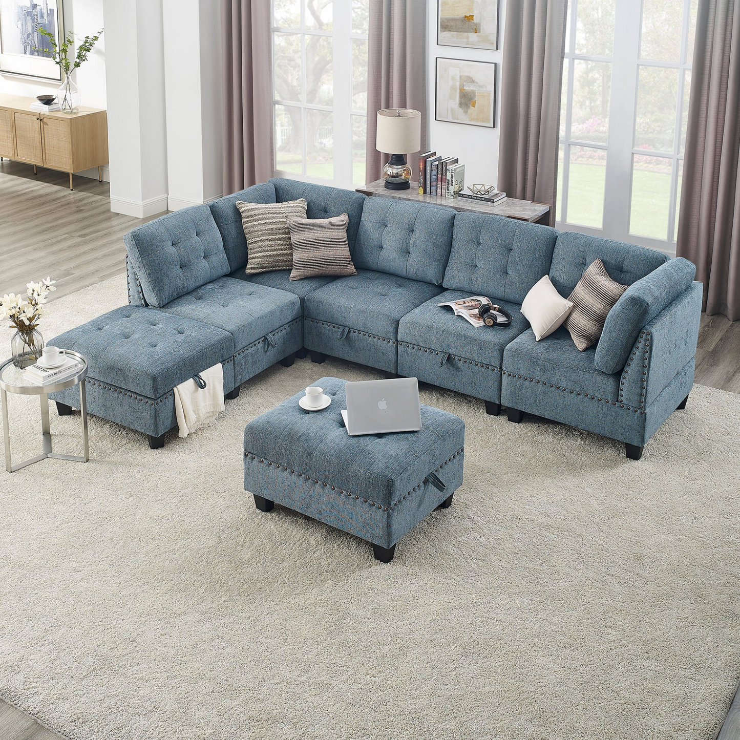 L shape Modular Sectional Sofa,DIY Combination,includes Three Single Chair ,Two Corner and Two Ottoman,Navy Blue