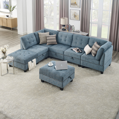 L shape Modular Sectional Sofa,DIY Combination,includes Three Single Chair ,Two Corner and Two Ottoman,Navy Blue