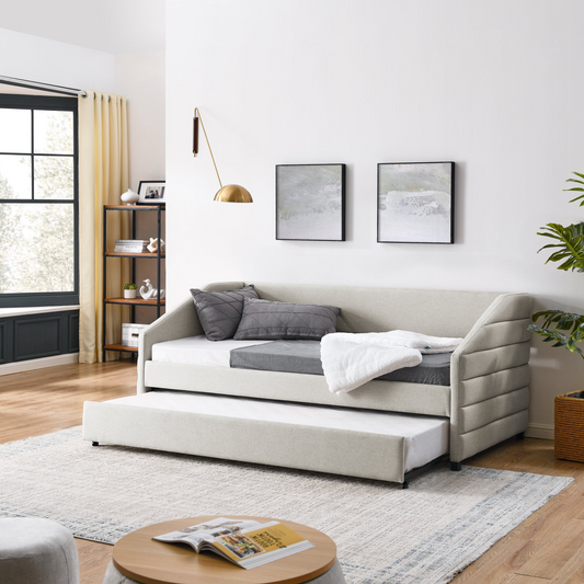 Twin Size Daybed with Trundle Upholstered Tufted Sofa Bed, Linen Fabric, Beige  (82.5"x42.5"x34")