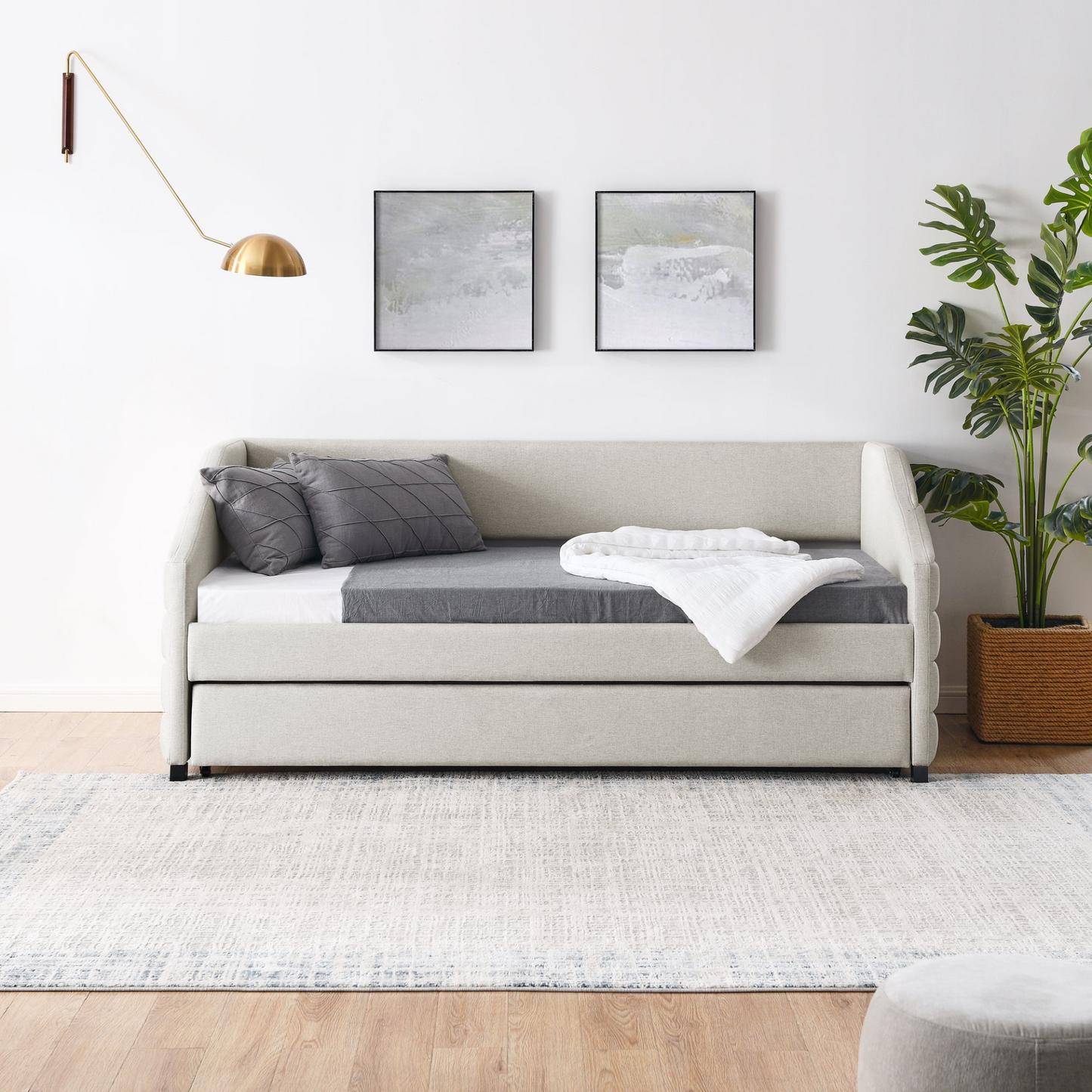Twin Size Daybed with Trundle Upholstered Tufted Sofa Bed, Linen Fabric, Beige  (82.5"x42.5"x34")