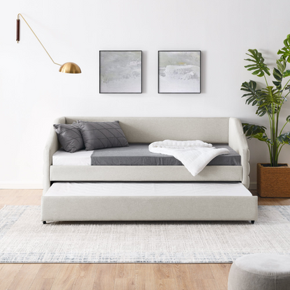 Twin Size Daybed with Trundle Upholstered Tufted Sofa Bed, Linen Fabric, Beige  (82.5"x42.5"x34")