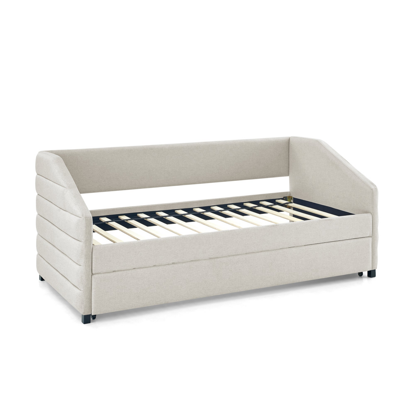 Twin Size Daybed with Trundle Upholstered Tufted Sofa Bed, Linen Fabric, Beige  (82.5"x42.5"x34")