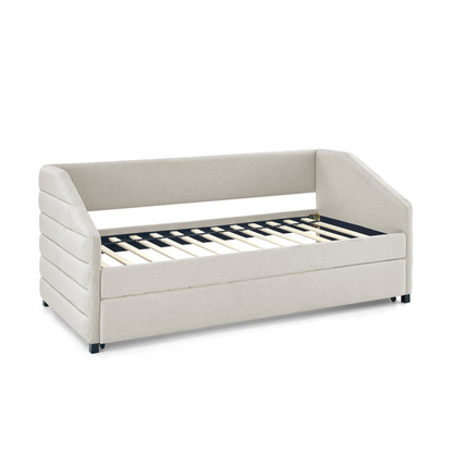 Twin Size Daybed with Trundle Upholstered Tufted Sofa Bed, Linen Fabric, Beige  (82.5"x42.5"x34")