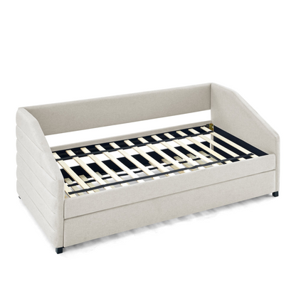 Twin Size Daybed with Trundle Upholstered Tufted Sofa Bed, Linen Fabric, Beige  (82.5"x42.5"x34")