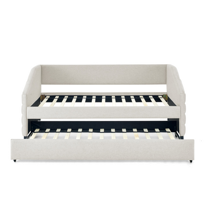 Twin Size Daybed with Trundle Upholstered Tufted Sofa Bed, Linen Fabric, Beige  (82.5"x42.5"x34")