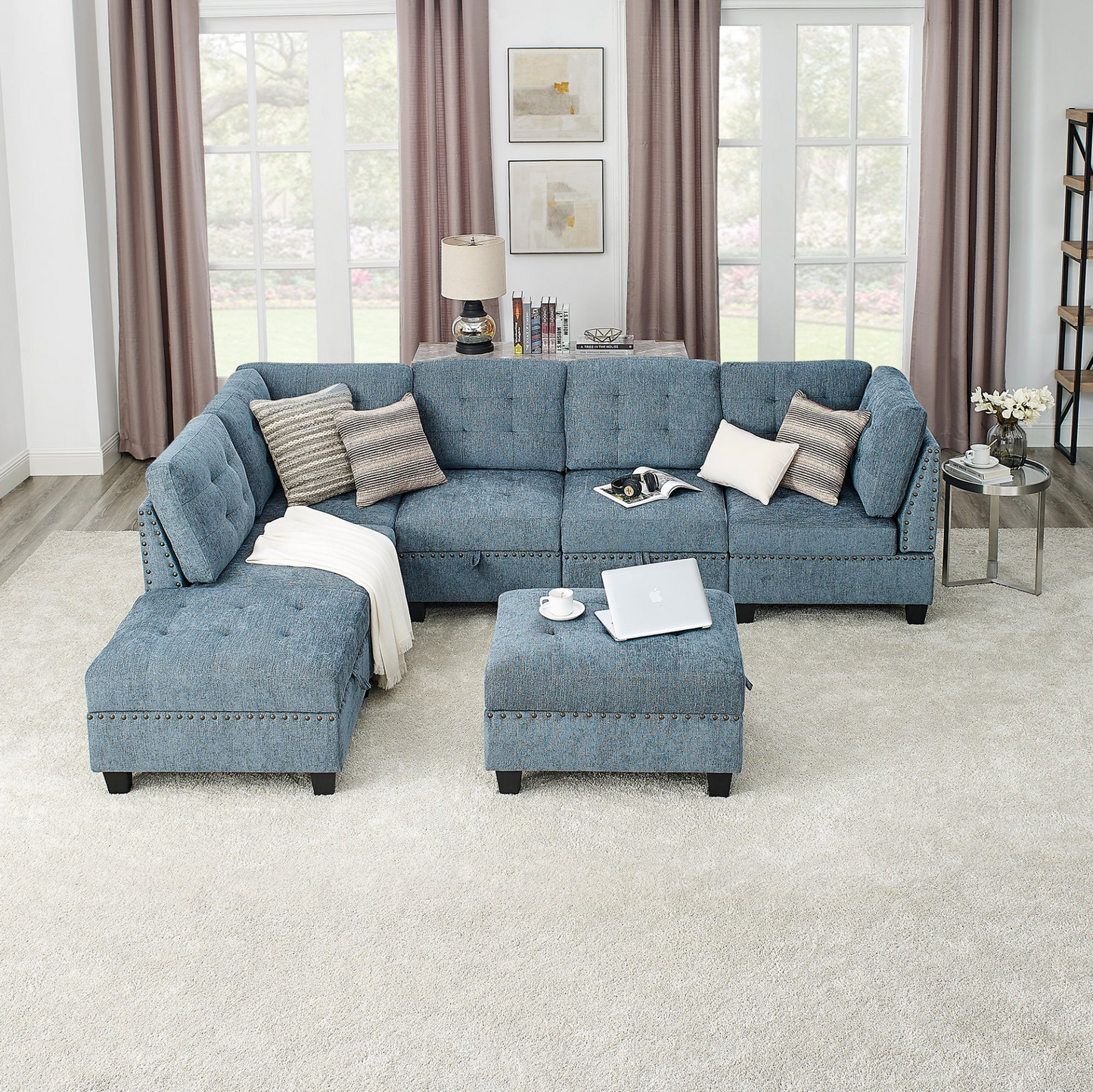 L shape Modular Sectional Sofa,DIY Combination,includes Three Single Chair ,Two Corner and Two Ottoman,Navy Blue