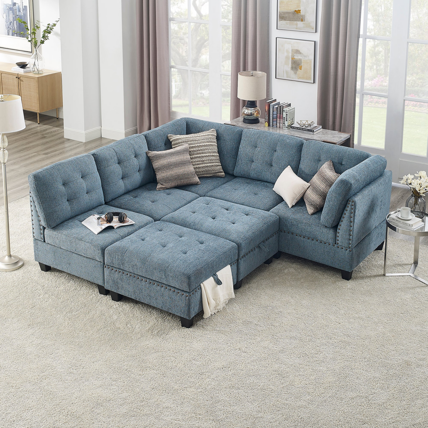 L shape Modular Sectional Sofa,DIY Combination,includes Three Single Chair ,Two Corner and Two Ottoman,Navy Blue