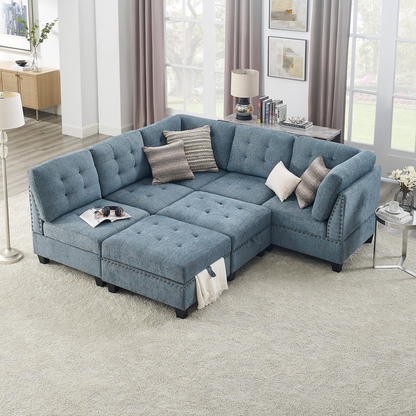 L shape Modular Sectional Sofa,DIY Combination,includes Three Single Chair ,Two Corner and Two Ottoman,Navy Blue