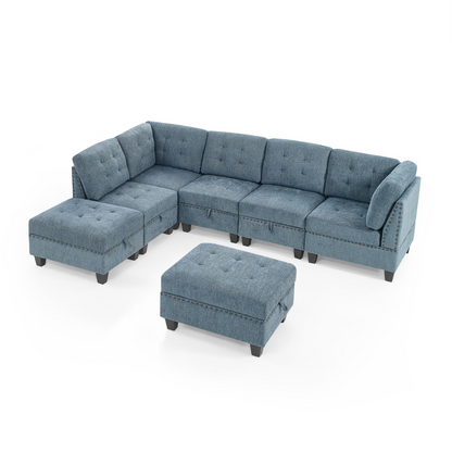 L shape Modular Sectional Sofa,DIY Combination,includes Three Single Chair ,Two Corner and Two Ottoman,Navy Blue