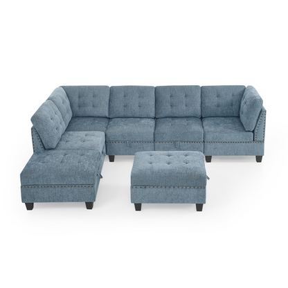L shape Modular Sectional Sofa,DIY Combination,includes Three Single Chair ,Two Corner and Two Ottoman,Navy Blue