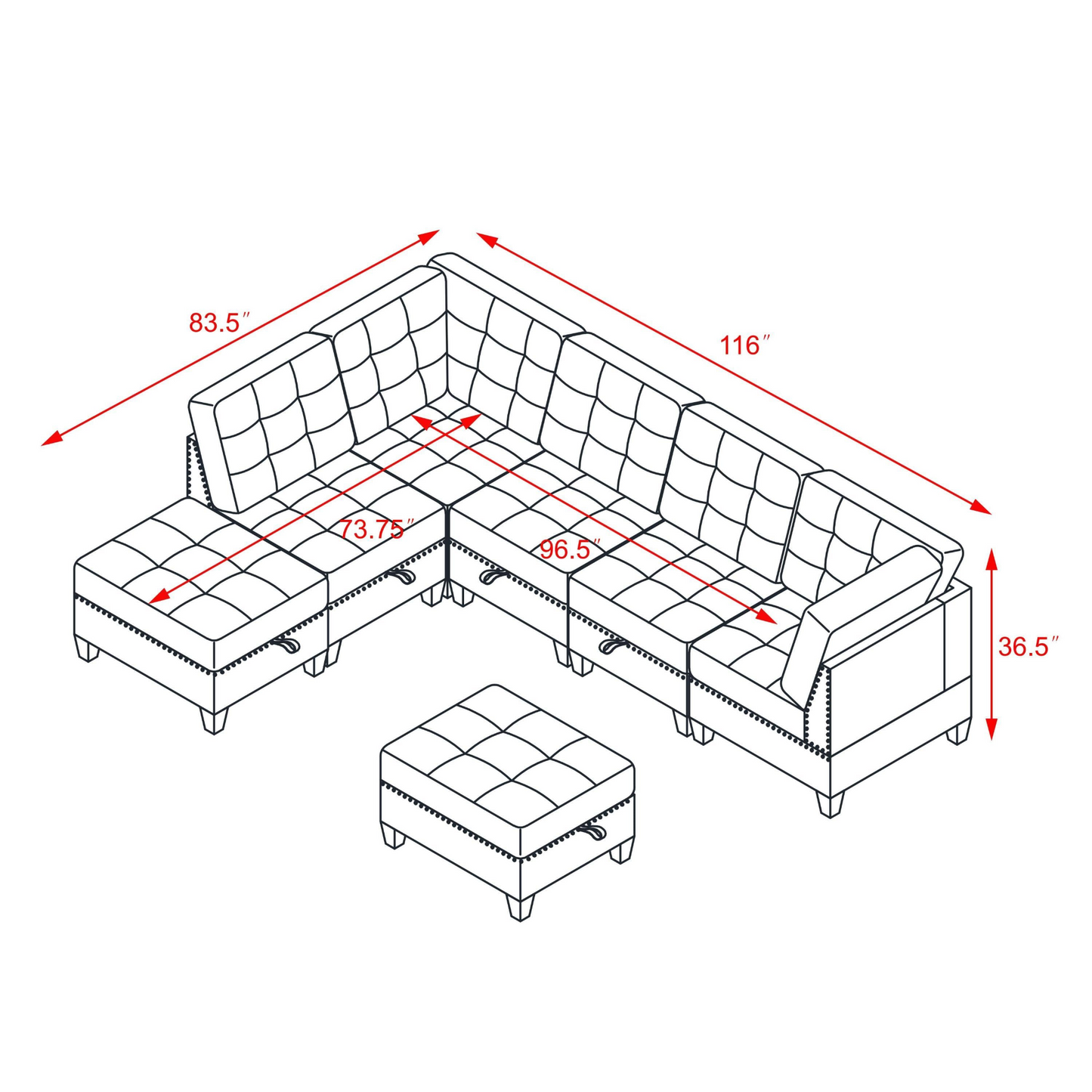 L shape Modular Sectional Sofa,DIY Combination,includes Three Single Chair ,Two Corner and Two Ottoman,Navy Blue