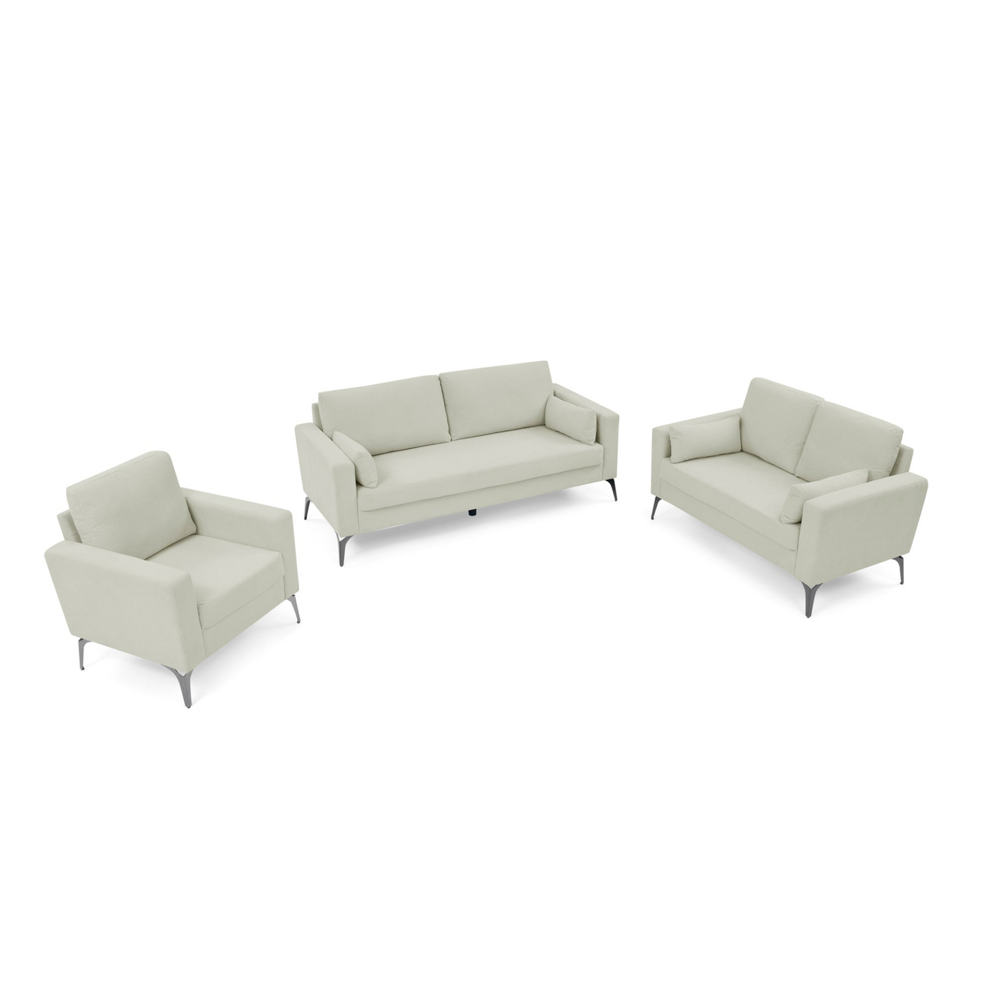 3 Piece Living Room Sofa Set, including 3-Seater Sofa, Loveseat and Sofa Chair, with Two Small Pillows, Corduroy Beige