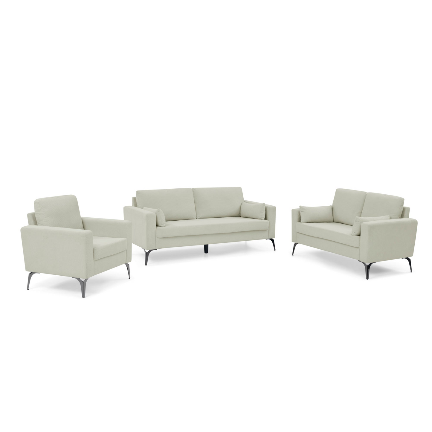 3 Piece Living Room Sofa Set, including 3-Seater Sofa, Loveseat and Sofa Chair, with Two Small Pillows, Corduroy Beige