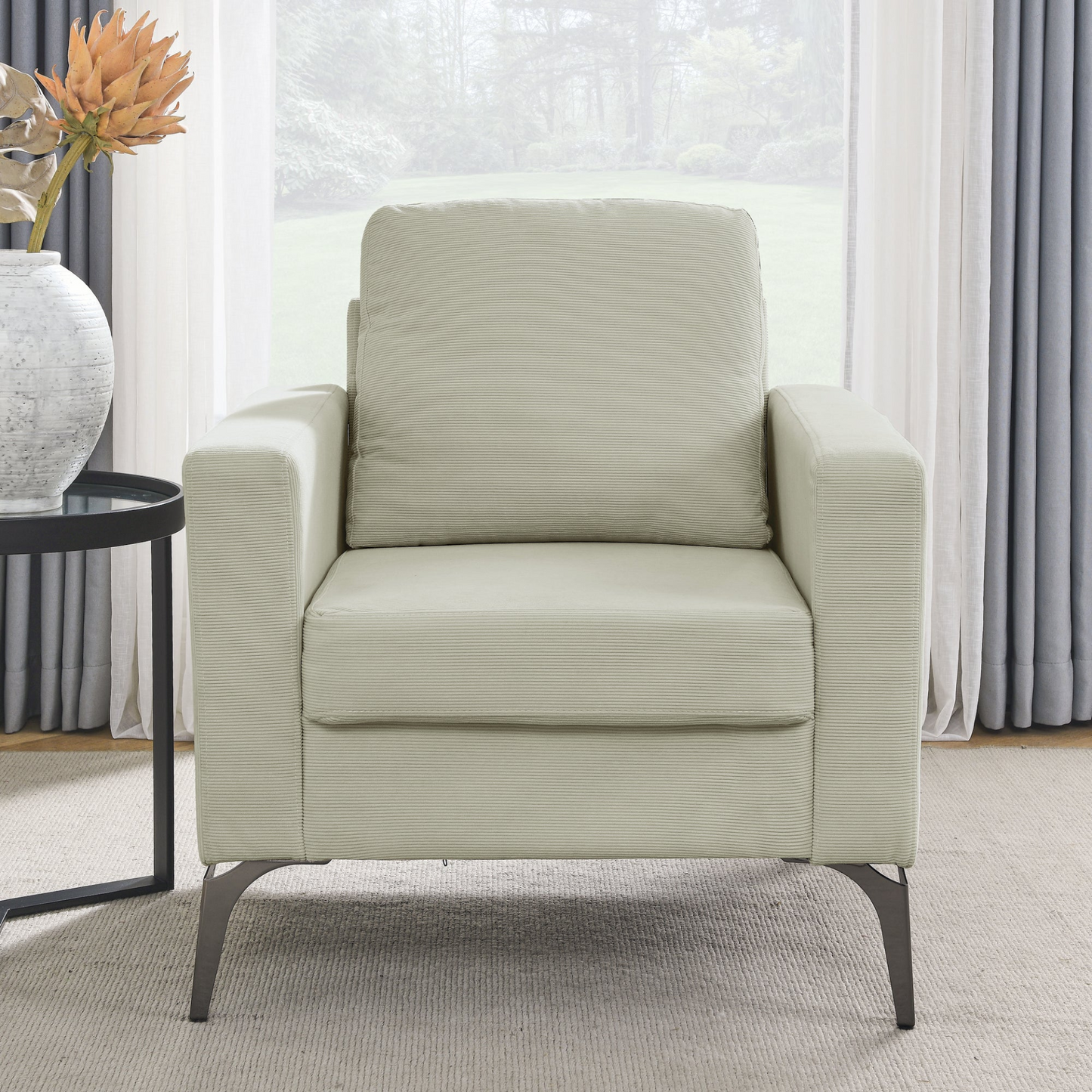 3 Piece Living Room Sofa Set, including 3-Seater Sofa, Loveseat and Sofa Chair, with Two Small Pillows, Corduroy Beige