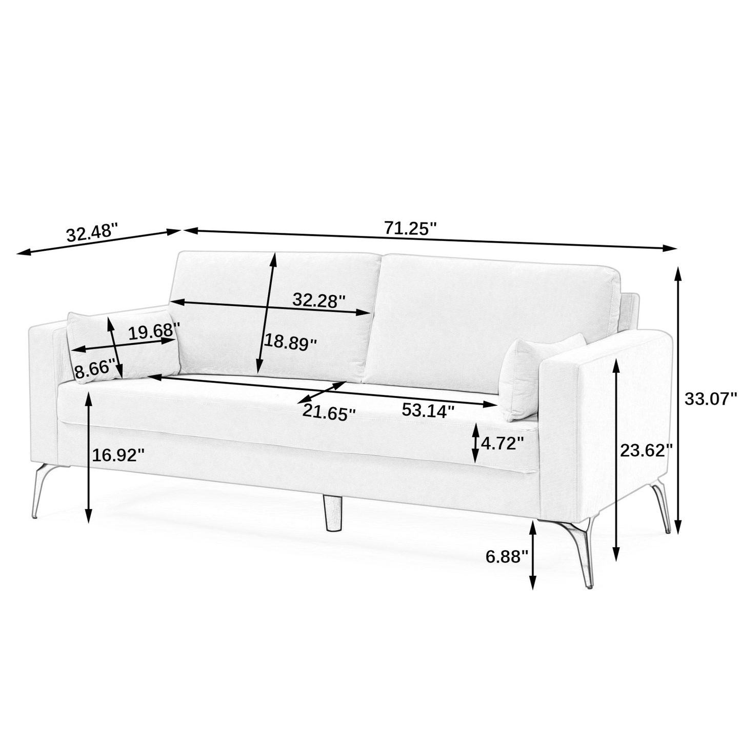 3 Piece Living Room Sofa Set, including 3-Seater Sofa, Loveseat and Sofa Chair, with Two Small Pillows, Corduroy Beige