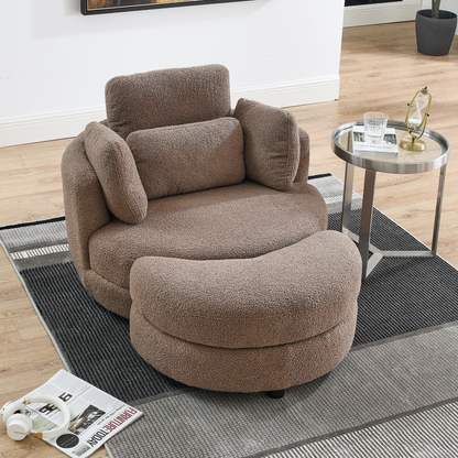 39"W Oversized Swivel Chair with moon storage ottoman for Living Room, Modern Accent Round Loveseat Circle Swivel Barrel Chairs for Bedroom Cuddle Sofa Chair Lounger Armchair, 4 Pillows, Teddy Fabric