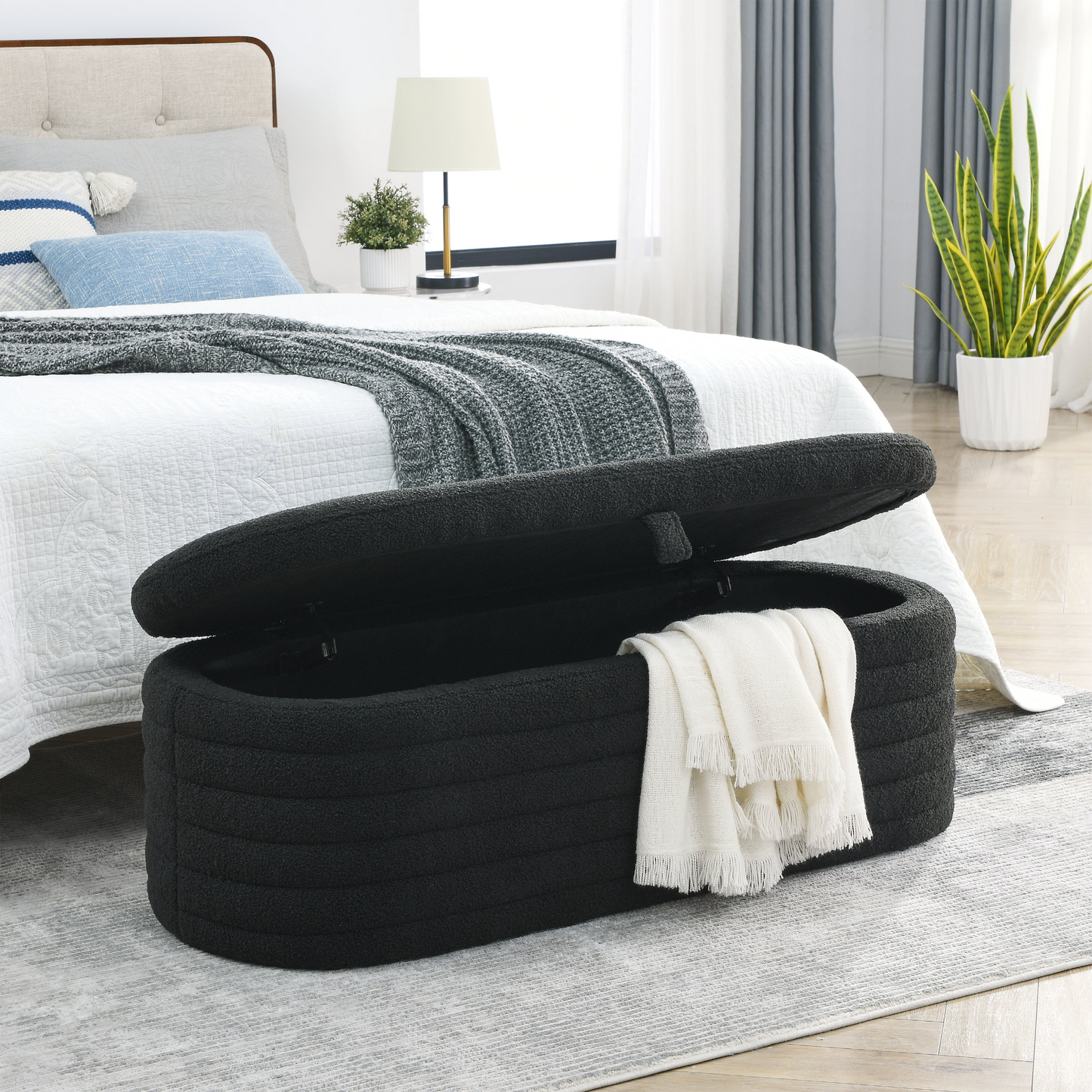 Length 45.5 inches Storage Ottoman Bench Upholstered Fabric Storage Bench End of Bed Stool with Safety Hinge for Bedroom, Living Room, Entryway, Black teddy.