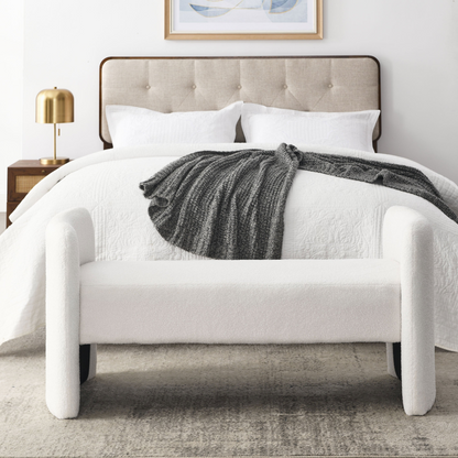 52" Bench for Bedroom End of Bed Modern Contemporary Design Ottoman Couch Long Bench Window Sitting Fireplace Bench, Teddy White (Ivory)