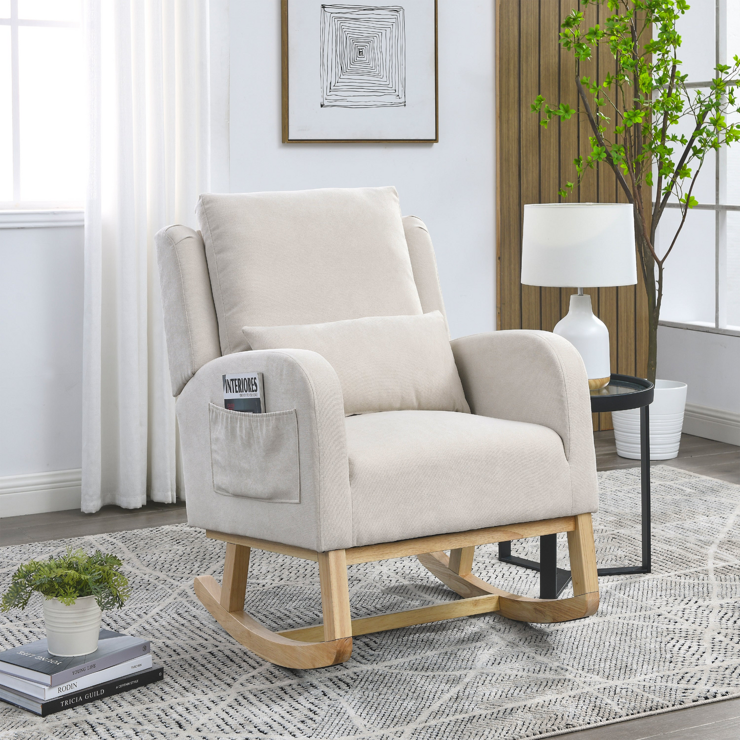 27.5 "W Modern Accent High Back Living Room Casual Armchair Rocker with One Lumbar Pillow, Two Side Pockets.