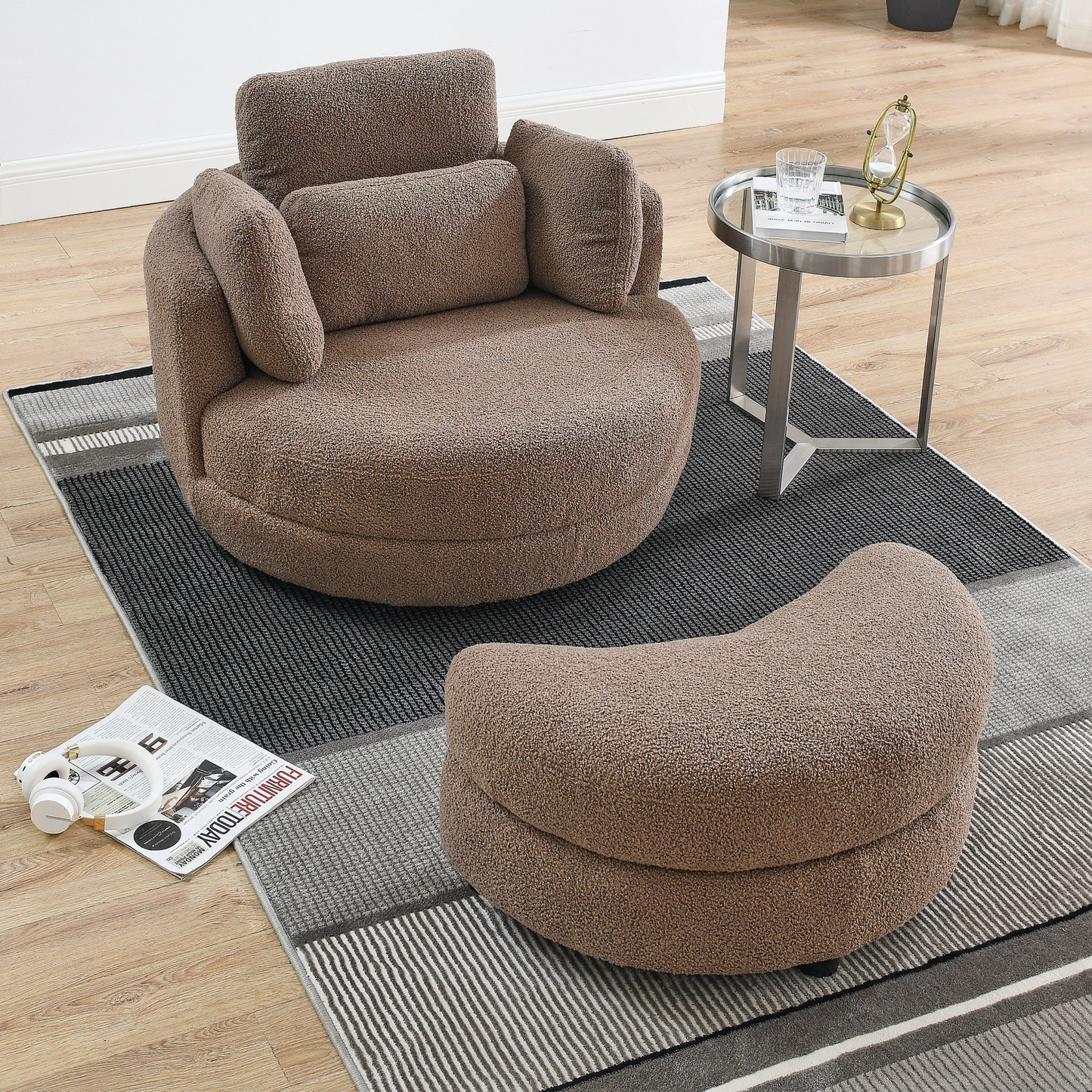 39"W Oversized Swivel Chair with moon storage ottoman for Living Room, Modern Accent Round Loveseat Circle Swivel Barrel Chairs for Bedroom Cuddle Sofa Chair Lounger Armchair, 4 Pillows, Teddy Fabric