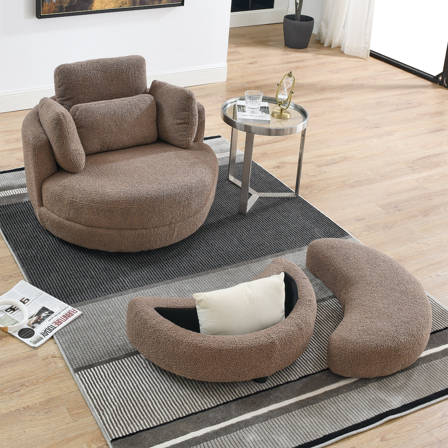 39"W Oversized Swivel Chair with moon storage ottoman for Living Room, Modern Accent Round Loveseat Circle Swivel Barrel Chairs for Bedroom Cuddle Sofa Chair Lounger Armchair, 4 Pillows, Teddy Fabric