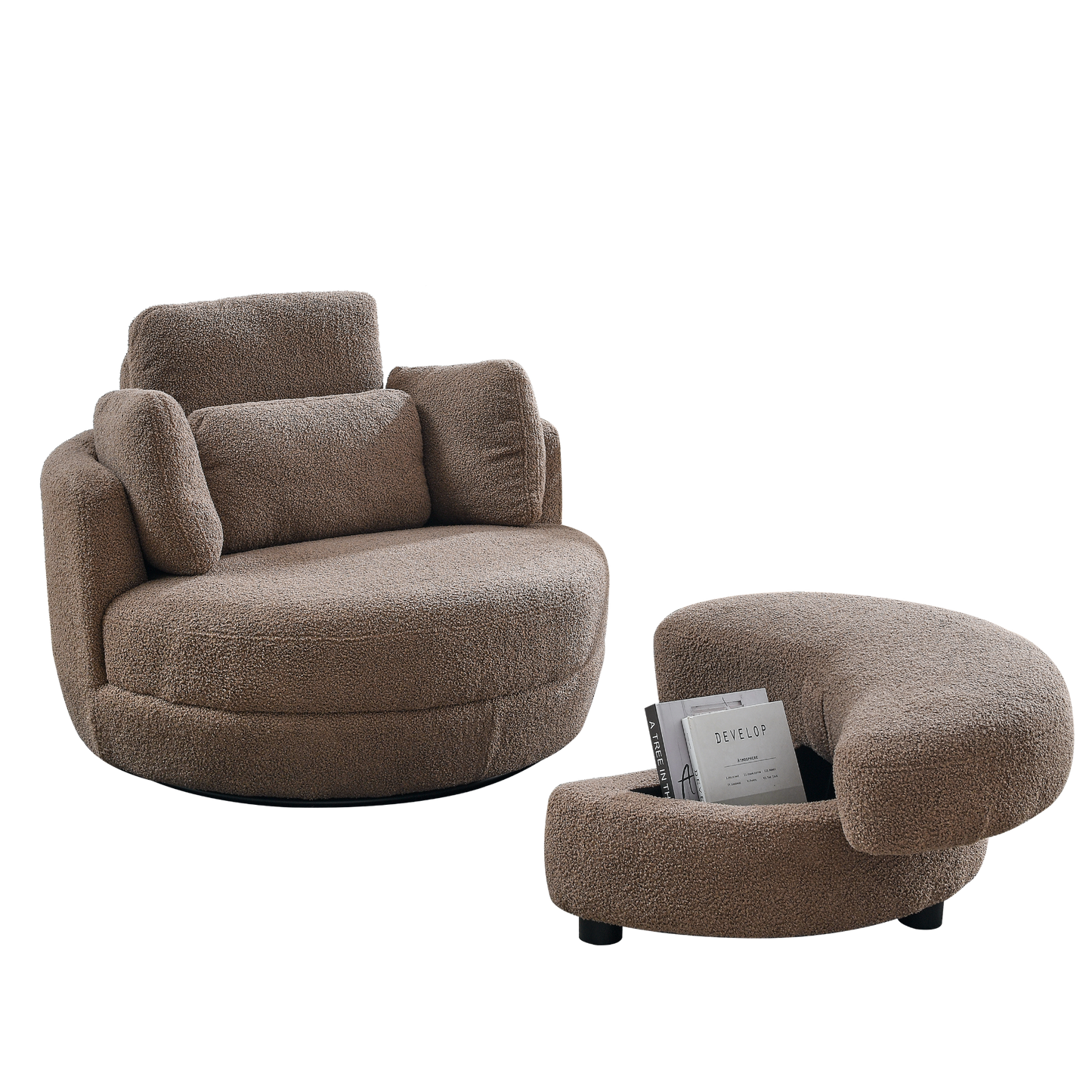39"W Oversized Swivel Chair with moon storage ottoman for Living Room, Modern Accent Round Loveseat Circle Swivel Barrel Chairs for Bedroom Cuddle Sofa Chair Lounger Armchair, 4 Pillows, Teddy Fabric