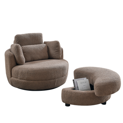 39"W Oversized Swivel Chair with moon storage ottoman for Living Room, Modern Accent Round Loveseat Circle Swivel Barrel Chairs for Bedroom Cuddle Sofa Chair Lounger Armchair, 4 Pillows, Teddy Fabric