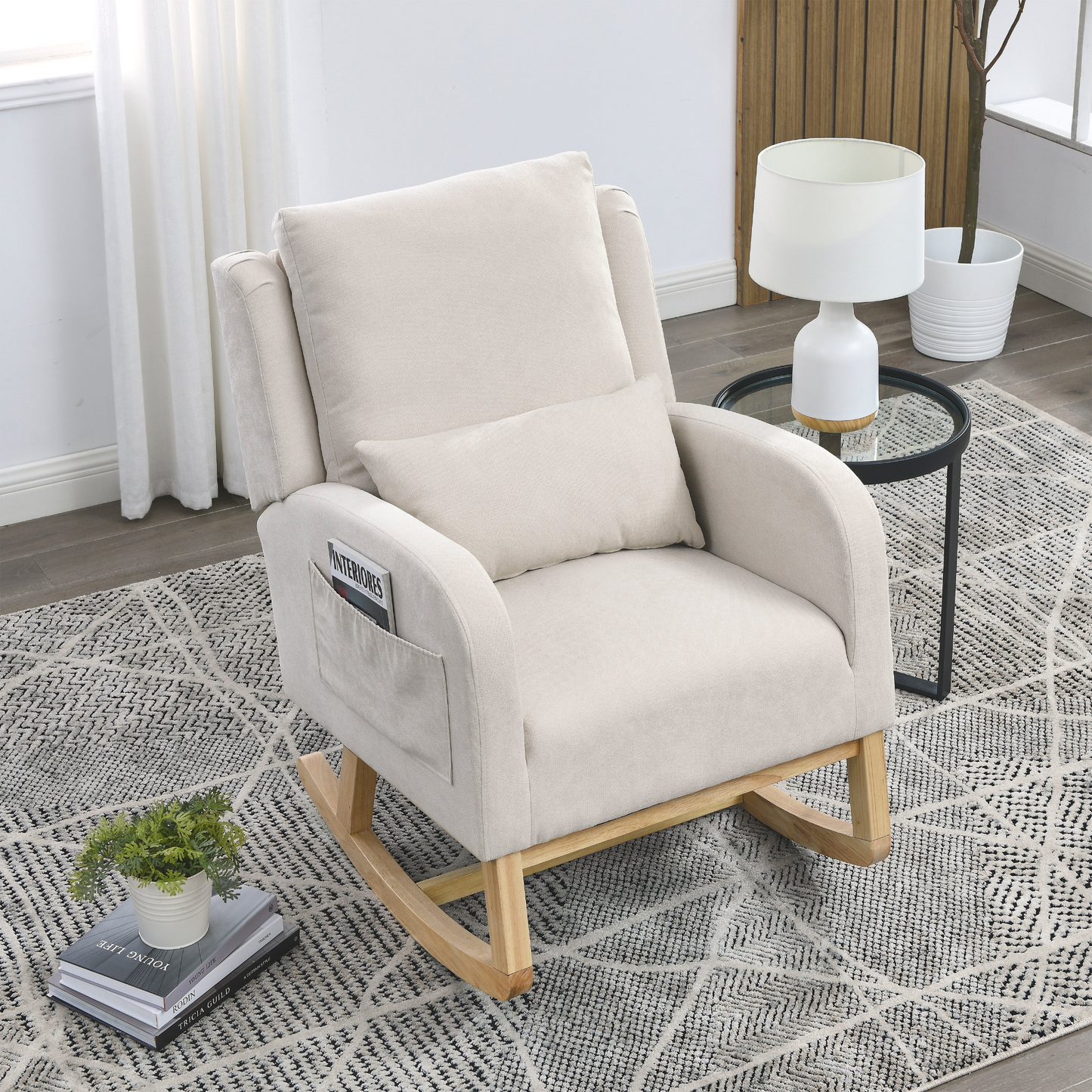 27.5 "W Modern Accent High Back Living Room Casual Armchair Rocker with One Lumbar Pillow, Two Side Pockets.