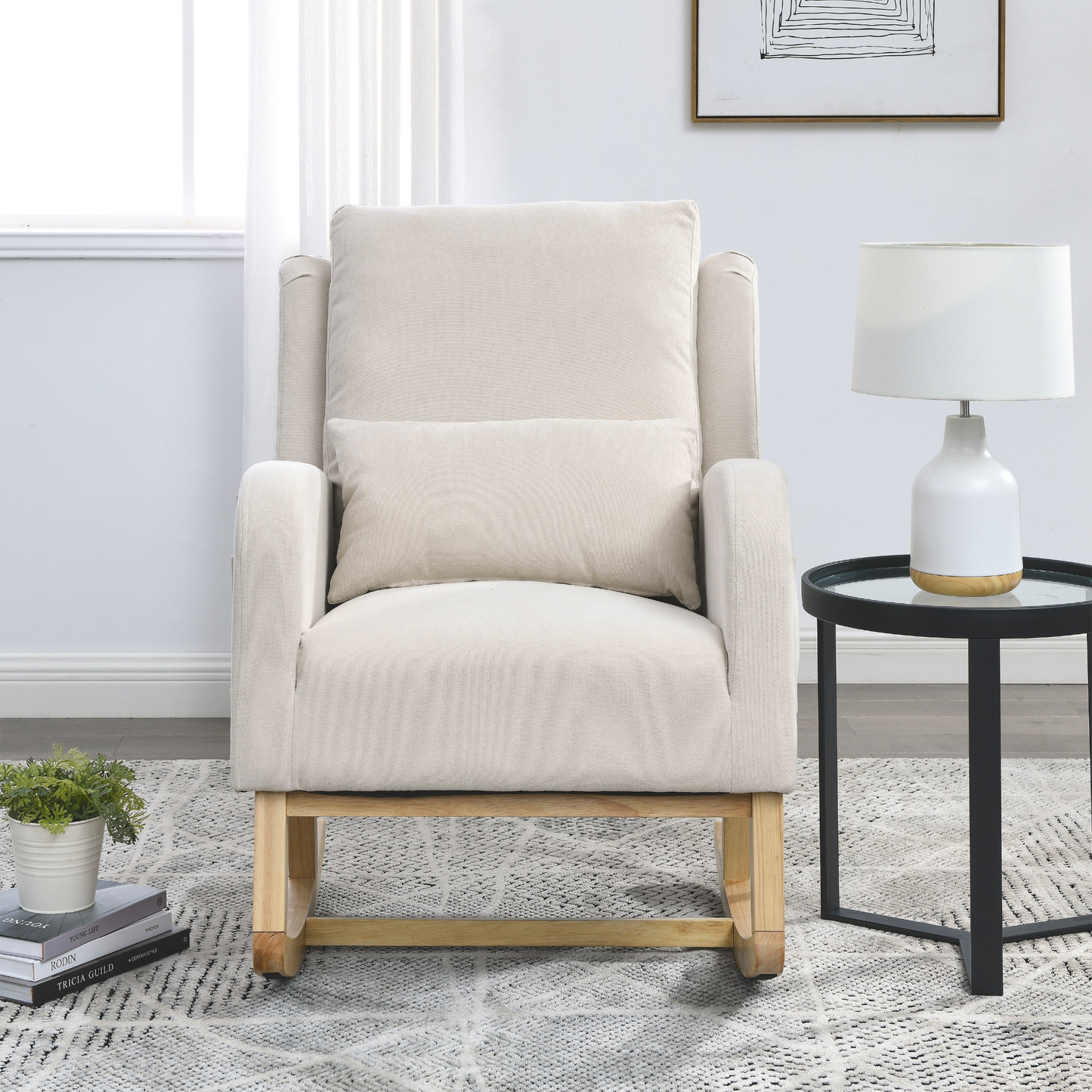 27.5 "W Modern Accent High Back Living Room Casual Armchair Rocker with One Lumbar Pillow, Two Side Pockets.