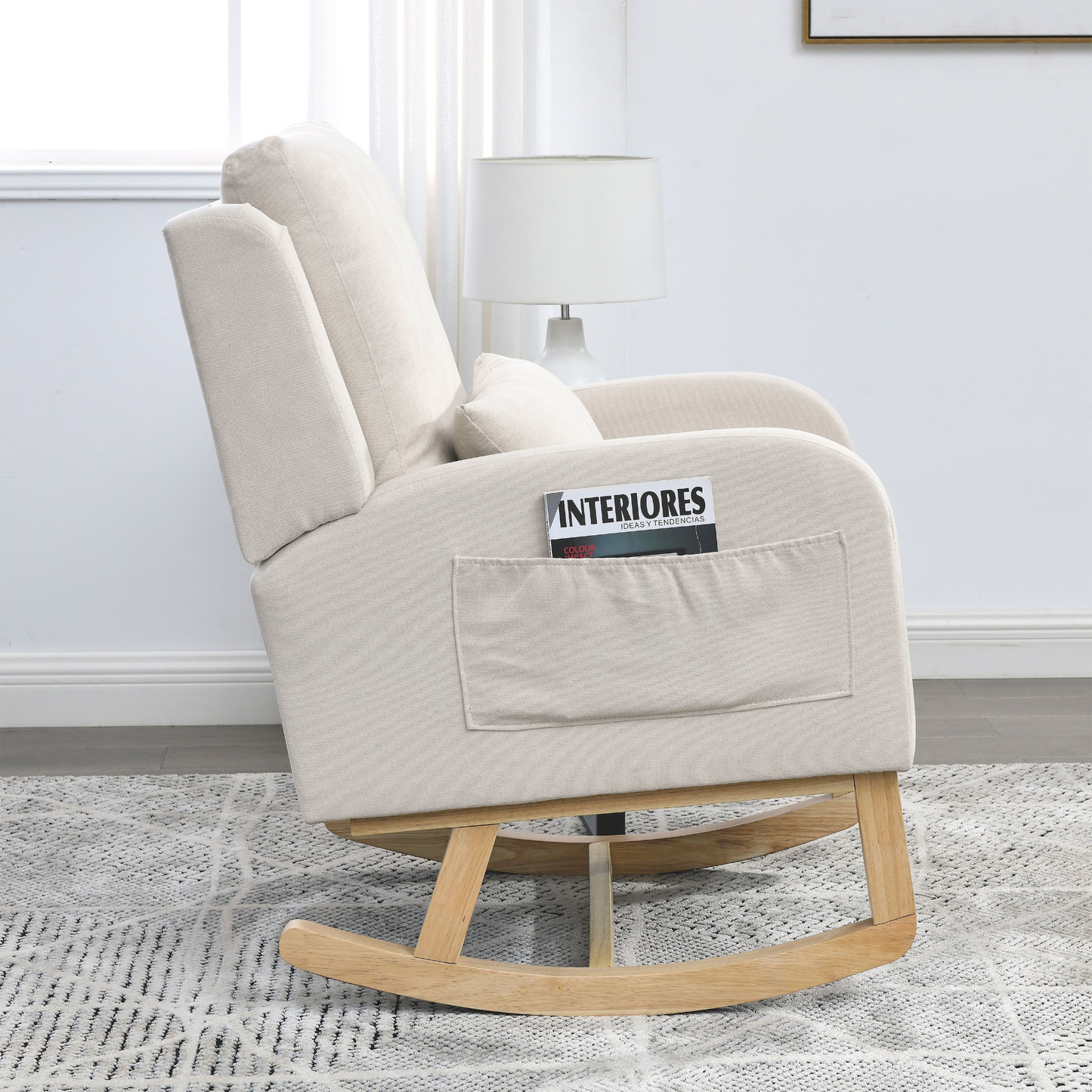 27.5 "W Modern Accent High Back Living Room Casual Armchair Rocker with One Lumbar Pillow, Two Side Pockets.
