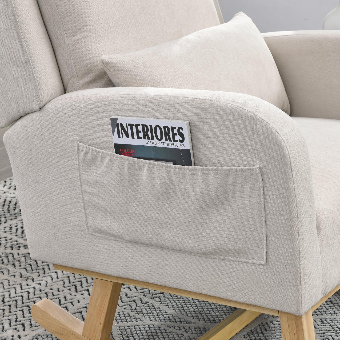 27.5 "W Modern Accent High Back Living Room Casual Armchair Rocker with One Lumbar Pillow, Two Side Pockets.